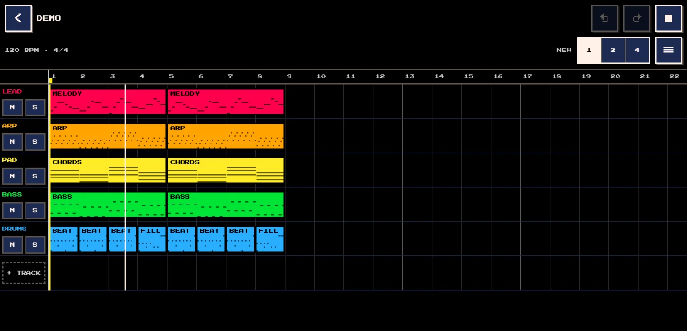 CLPS DAW in a desktop browser playing the DEMO song: five tracks of colored clips with the white playhead in bar 3.