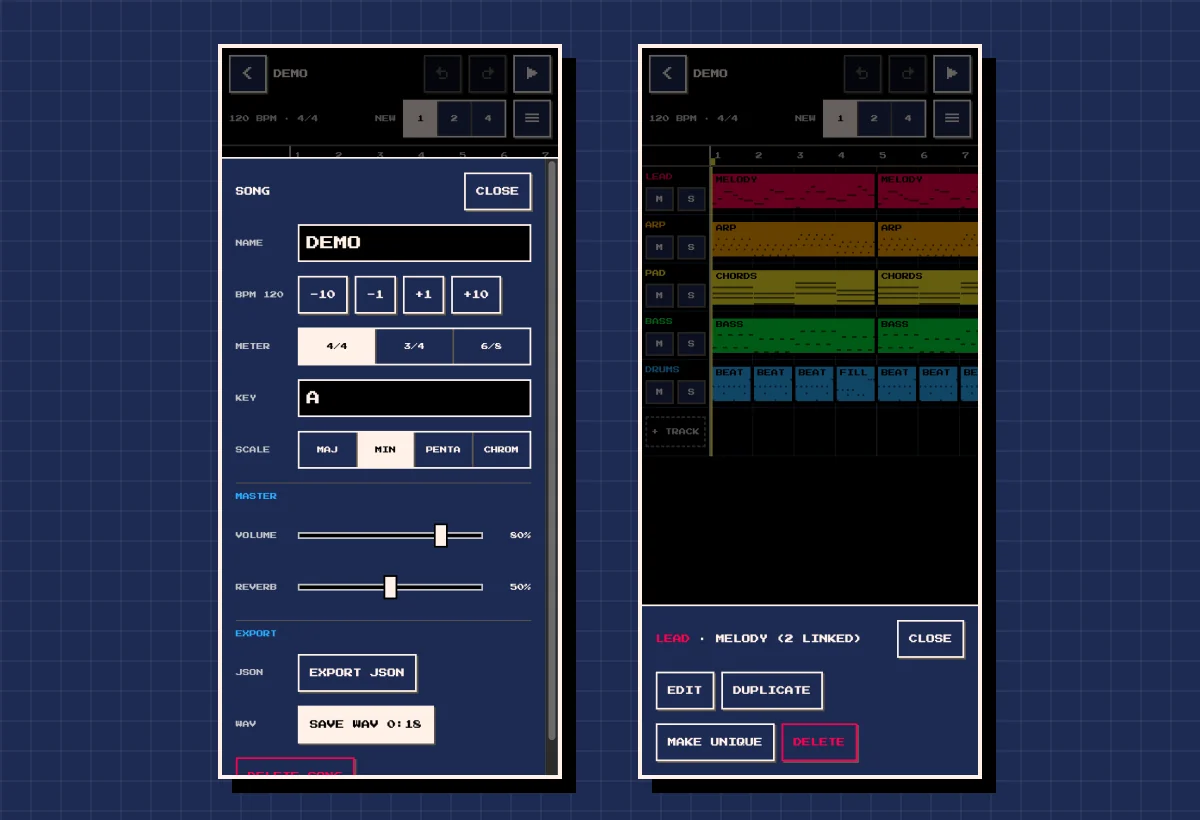 The song sheet after RENDER WAV, with SAVE WAV ready to open the share sheet (left), and the long-press menu of a clip linked to another copy (right).