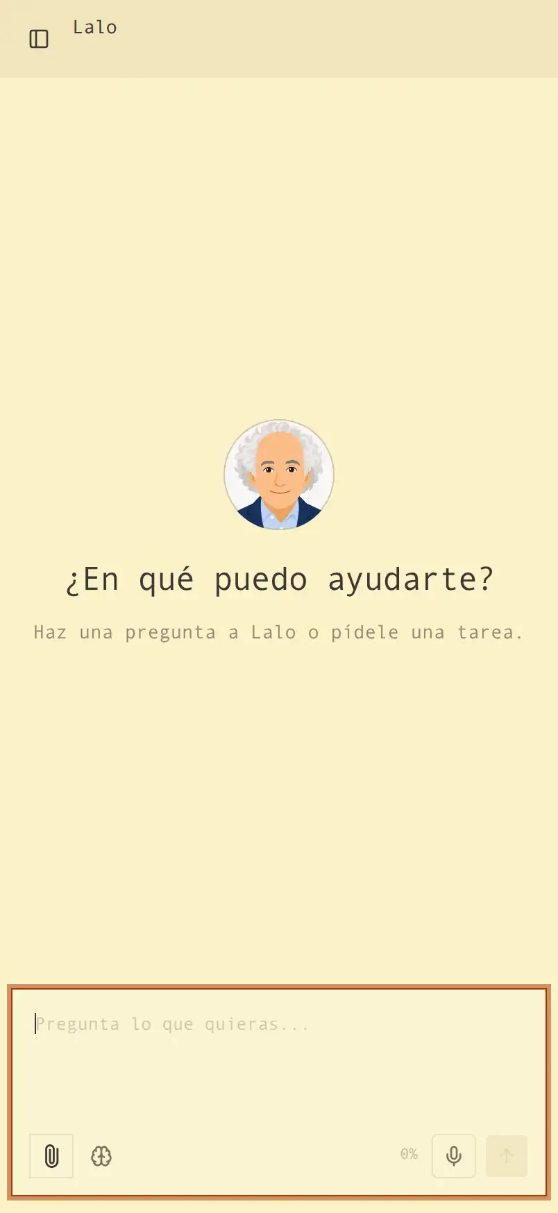 Lalo's home screen: a warm science-communicator avatar above a Spanish prompt inviting you to ask a question or hand it a task.
