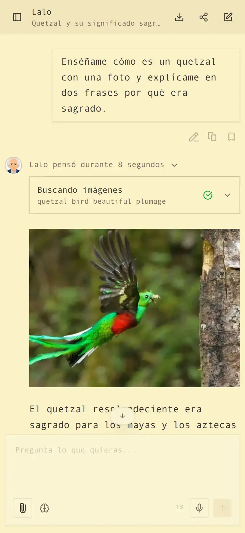 One turn in Lalo: it reasons for a few seconds, calls an image-search tool, renders the photo inline, and then explains, all without leaving the chat.